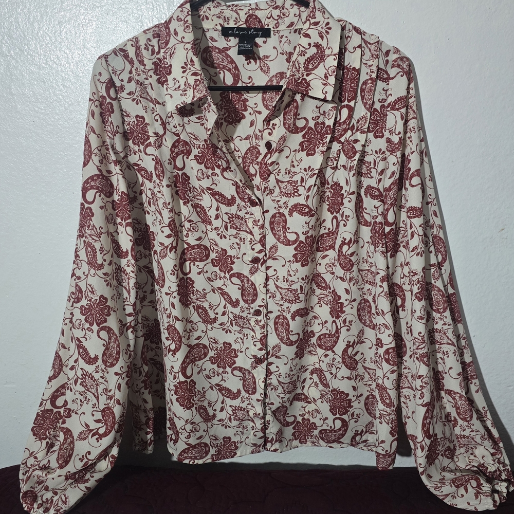 Alfani Women's Red Paisley Button-Up Blouse
